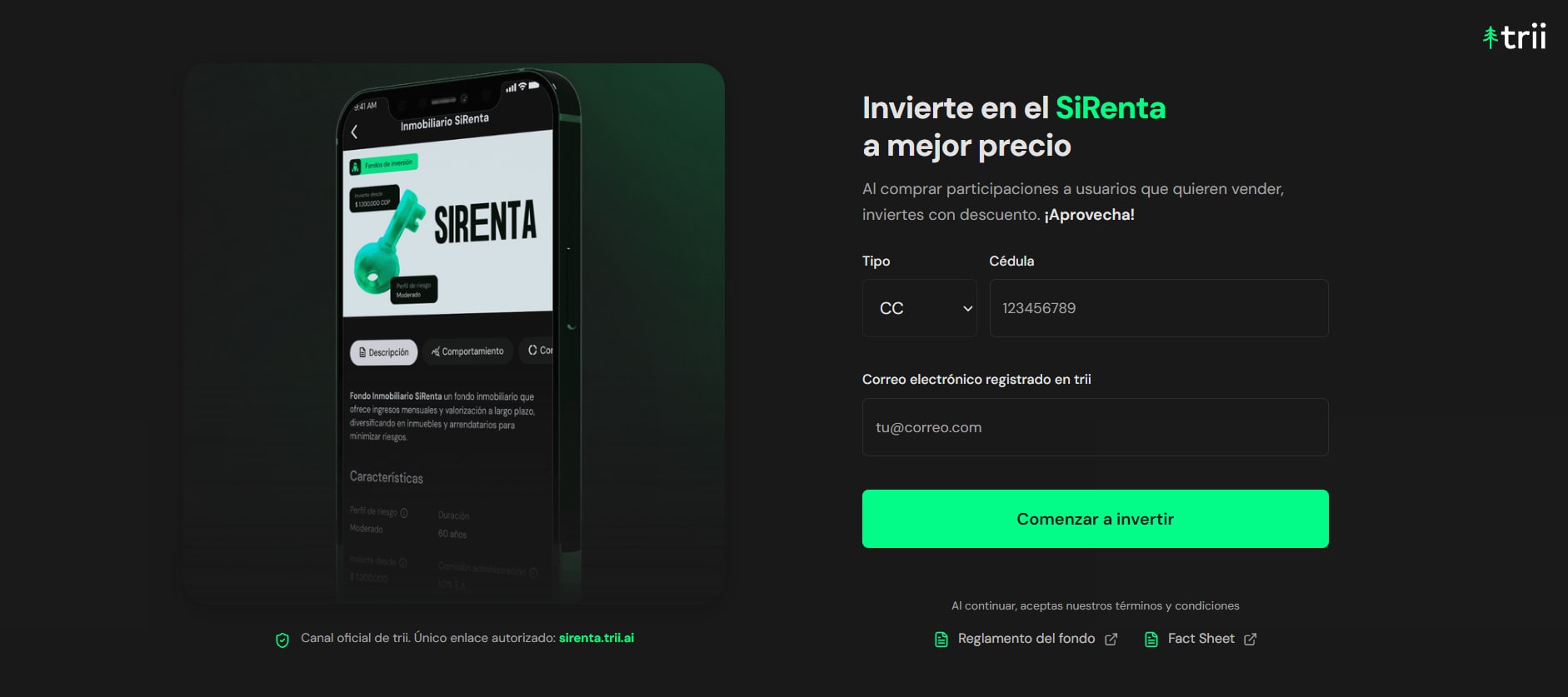 Portal de SiRenta: formulario de acceso y presentación del fondo
